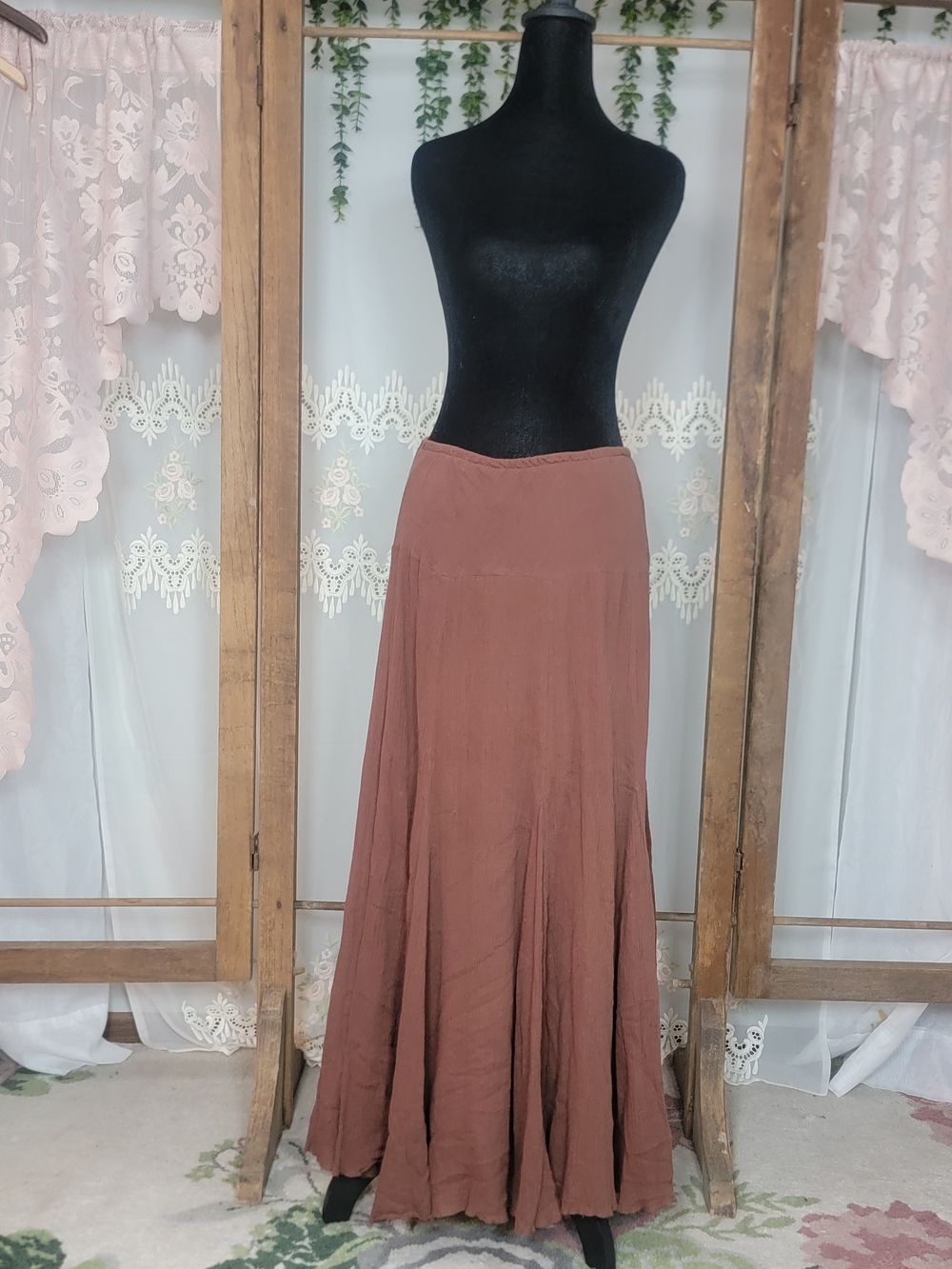 Chadwicks Brown Crinkle Cotton Maxi Skirt Boho Cottagecore Prairie Size M - Picture 3 of 7